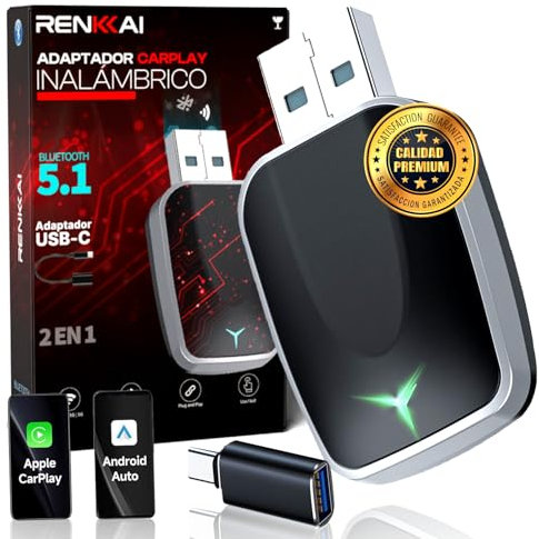 RENKKAI® Super Carplay Inalambrico Bluetooth Coche 2 En 1 Universal + 2 Conectores USB y Tipo C | Adaptador carplay inalambrico Coche | Android Auto + Carplay | Adaptador carplay inalambrico