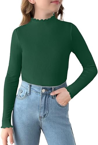 Arshiner Camisa De Manga Larga para Niña Suéter De Cuello Alto Camisa De Punto con Volantes Blusas Lisas Camisetas Básicas para Niños Camiseta Interior Ajustada 5-12 Años