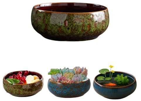 Lotus Bowl Planter ，Ceramic Water Plant Pot Sacred Bowl Lotu Flower, Creative Hydroponic Planter,Flowerpot Pond for Lotus Seeds, Bonsai, Succulents, Hydroponic Plants(6.5in*2.6in) (Green)