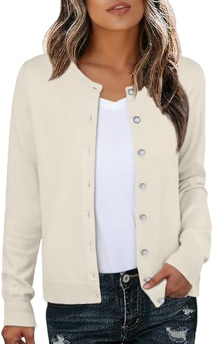 GRECERELLE Womens Soft Cardigans Elegant Lightweight Long Sleeve Ladies Cardigan Knit Jumper Pearl Button Down Sweaters for Women UK, Autumn, Winter, Dating and Party (Oatmeal, L)