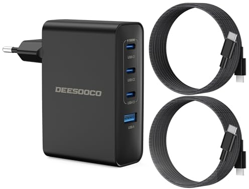 DEESOOCO 100W USB C Ladegerät, Laptop Schnellladegerät 4-Port GaN Mehrfach Netzteil，Zwei 2-Meter Kabel,USB C Adapter kompatibel mit MacBook Air Pro, iPad, iPhone 17 16 15 14 Pro Max, Samsung Galaxy