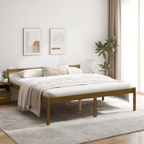 Qnhdfrt Seniorenbett aus Massivholz Kiefer 200x200 cm Honigbraun Modernes Bettgestell mit Stauraum und Komfortablem Kopfteil für Schlafzimmer Gästebett und Heimbett