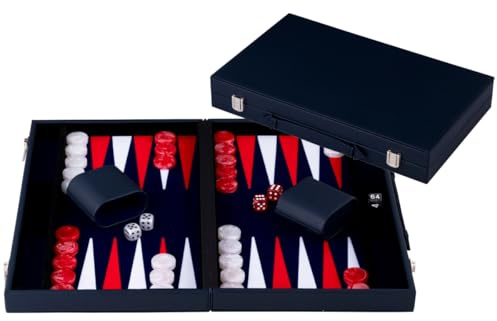 Engelhart-250561 – Backgammon 18 Pouces (46.7 cm) Mallette Luxe en Similicuir Rouge & Blanc – Marqueté – Ouvert 56,4 × 46,7 cm – Pions Rouge/Blanc – Dés et Gobelets – Jeu de Société Classique