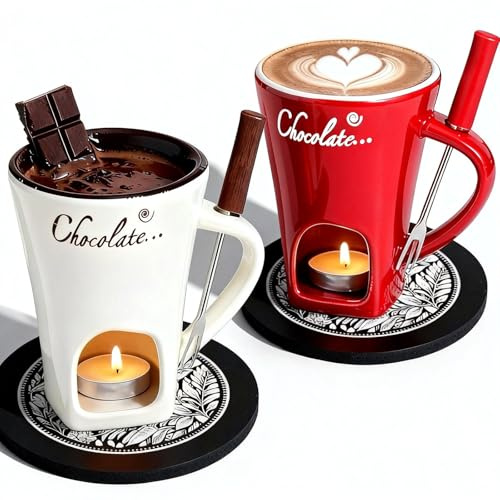 Chocolate Fondue Mug Set of 2,Chocolate Melting Cup Tea Light,Fondue Mug Chocolates Melting Cup Cookware Candy Hot Pot,Ceramic Chocolates Meltings Mugs with Fork ＆ Coasters (W+R)