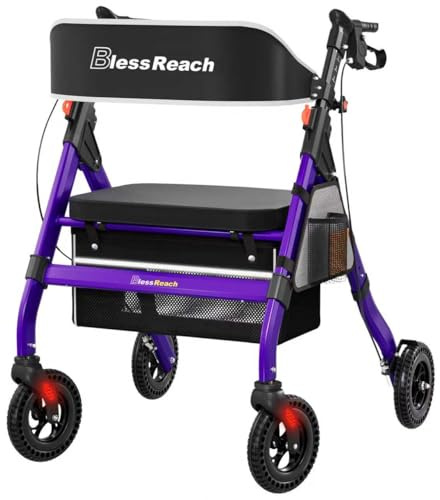 BlessReach Heavy-Duty Aluminum Rolling Walker - Foldable Rollator Walkers with Seat for Seniors, 450 lb Capacity, 8'' Wheels, 18 Big Seat, 6-Position Adjustable Height(Purple)