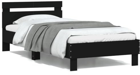 Frdhee Hochbett Bettgestell für Wohnung,Bettgestell mit Kopfteil und LED-Leuchten Schwarz 100x200 cm,Bettrahmen für Kinderzimmer & Gästezimmer,Einfache Montage