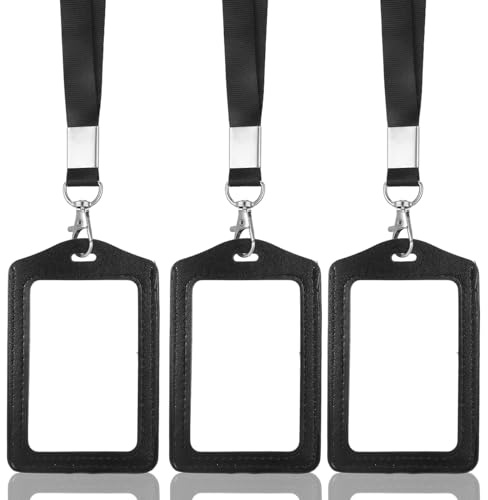 TIESOME 3 Stück Ausweishalter mit doppelseitigen Fenstern und Schlüsselbandaus PU Leder, Schwarz Vertikale Kartenhalter, Abnehmbare Lanyard Karte Schutz für Büroangestellte Krankenschwester Lehrer