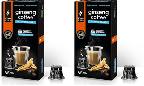 King Cup - 2 Paquet de 10 Capsules de Ginseng Sans Sucre, 10 Capsules 100% Compatible avec le Système Nespresso de Boisson Aromatisée Ginseng, Sans Gluten et Sans Lactose