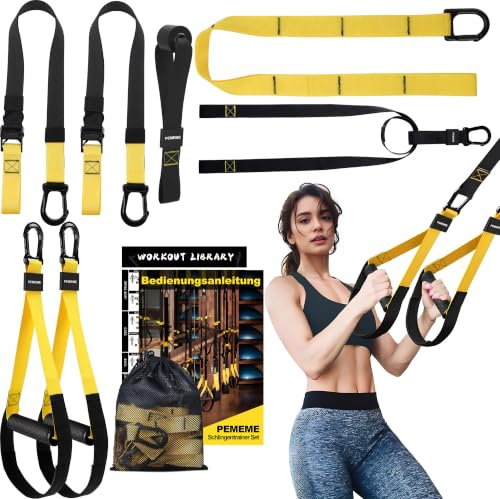Schlingentrainer für Zuhause, verstellbaren Gurten für Ganzkörpertraining | Slingtrainer für Körpergewichtstraining Zuhause & Outdoor | robusten Gurten | Türanker, Griffe, Netzbeutel & Übungsanleitung