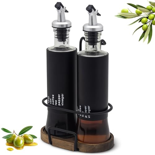 HARLIANGXY Set med vinäger- och oljeflaskor med hållare och träbas, 2 x 300 ml olivolja dispenser glas, droppsäker oljedispenser/vinägerflaskor
