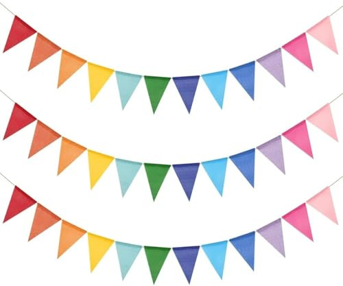 Rainbow Bunting Banner,36PCS Outdoor Waterproof Triangle Flags Colorful Birthday Garland Imitated Linen Burlap Bunting for Garden Birthday Party Home Festival Decoration