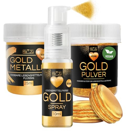He-Ju 1x Lebensmittelfarbe gold metallic, 1x Lebensmittelfarbe Goldspray, 1x Goldpulver essbar, vegan, essbarer Glitzer für Lebensmittel & Getränke