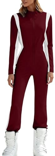Combinaison De Ski Femme Vetement Femme Hiver Combinaison Respirante Coupe-Vent Veste De Skis Combi Ski Chaude Hiver Combi Skis pour L'extérieur Imperméable Vetement Gifts for Women Rouge Profond 3XL