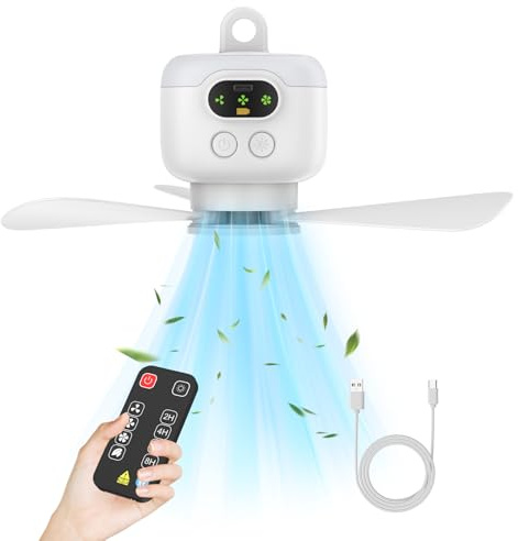 Vulaop Ventilador USB con luz, ventilador de camping recargable con mando a distancia y batería de 8000 mAh, 3 velocidades, ventilador colgante silencioso para tienda de campaña, dormitorio, viajes