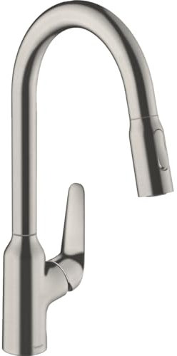 hansgrohe Küchenarmatur mit Schlauchbox (Wasserhahn Küche 360° schwenkbar, ausziehbare Brause mit 2 Strahlarten und sBox, hoher Komfort-Auslauf 220mm, Standardanschlüsse) edelstahl-optik