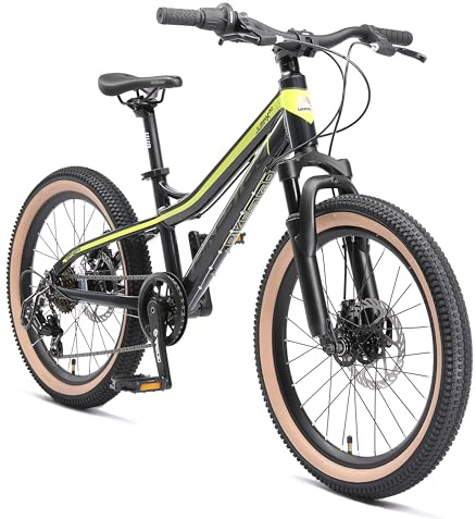 BIKESTAR VTT Vélo Tout Terrain pour Enfants de 6-9 Ans | Bicyclette 20 Pouces 7 Vitesses Shimano, Hardtail, Freins Disque, Suspension | Noir & Vert