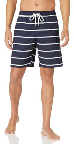 Amazon Essentials Herr Badshorts med Nätinnerbyxa, 23cm Benlängd med Fickor och Dragsko, Marinblå rand, XS
