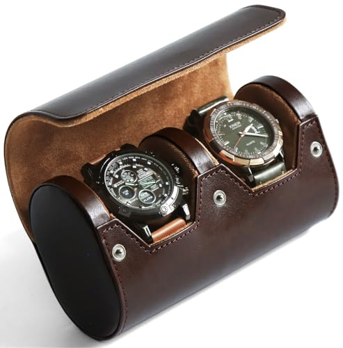 Besforu Watch Roll Travel Case for Men and Women with Suede Lining Portable 2 Slot Watch Display Storage and Organizer to Holder Large Watch (2 Slot Dark Brown)