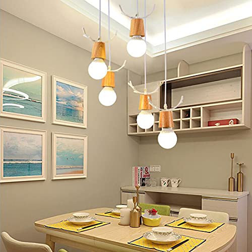Hängelampe Pendelleuchte Vintage Eiche Holz LED Rustikal Esszimmer Esstisch Lampe Retro Büro Wohnzimmer Küchen Leuchte Kronleuchter Modern Kreativ Decke Beleuchtung 5-flammig E27 Lampe Ø35cm (Weiß)