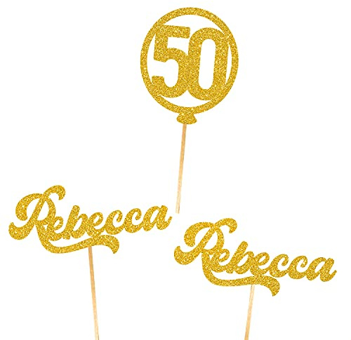 6X Personalised, Double Sided, Balloon Happy Birthday Glitter Cupcake Toppers by Cakeshop | Custom Colour Any Name/Age 480gsm Glitter Cupcake Decorations | Gold