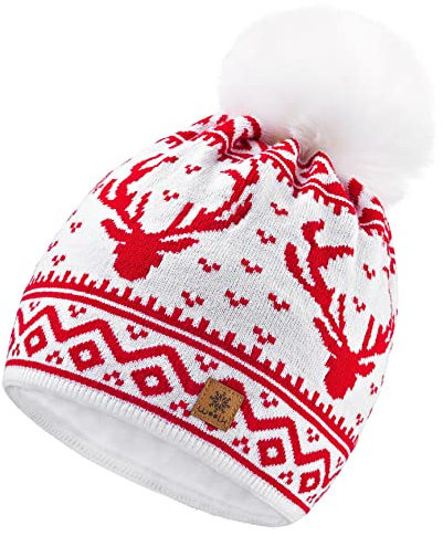 Corkscrew Santa Cable Knitted Bobble Hat Plain Mens Womens Beanie Warm Winter Pom Wooly Cap - White Red