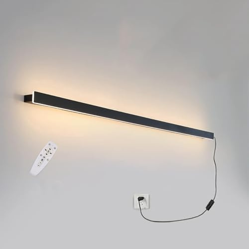 LED Wandleuchte Schwarz 100CM Lang Innen Wandlampe Dimmbar mit Fernbedienung, Nachttischlampe mit Schalter, 1,5M Kabel mit Stecker, Up Down Wandbeleuchtung Lichtleiste für Badzimmer Schlafzimmer, 29W