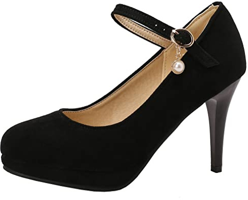LUXMAX Women Suede Mary Jane Stiletto Platform Pumps High Heels Round Toe Ankle Strap Pumps, Size 11.5 M US,Black