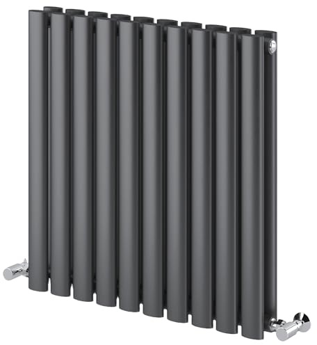 Go Bathrooms Horizontal Radiator 600 x 590mm Anthracite Oval Double Column Central Heating Under Window Radiator Grey Horizontal Kitchen Radiator
