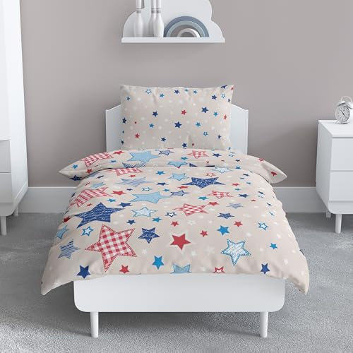 LINKHOFF Biber Kinderbettwäsche 100x135 Sterne Babybettwäsche 100 x 135 | Flanell Kinder-Bettwäsche 135x100 Beige Blau | Fein-Biber Mädchen u. Jungen für Kinder 100x135 / 40x60 Kissen