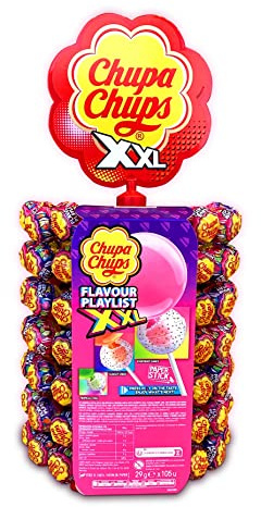Chupa Chups XXL, Caramelo relleno de Chicle con Palo de Sabores Variados, Rueda de 105 unidades de 29 gr. (Total 3.045 gr.)