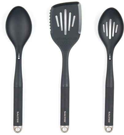Salter Marino 3 st redskapsset – plast solid/slitsade skedar och spatel, nylon matlagningsverktyg, multifunktionella, värmebeständiga non-stick redskap, hängande krokar, blågrå