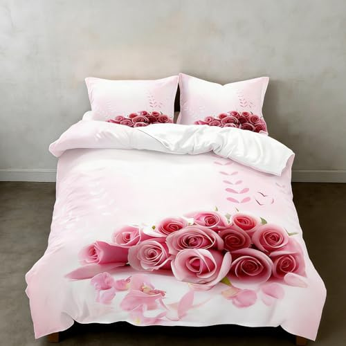 CIUNVXD 3D Rosa Rose Bettwäsche, 3-teiliges romantischem Rosenmuster | Für Mädchen und Jugendliche Rose Bettbezug mit 2 Kissenbezüge 50x75 cm(A,200x200cm)