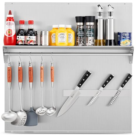 Wilprep Range Backsplash, 30x30 Stainless Steel Backsplash with Storage Shelf & Magnetic Knife Rack, Range Hood Stainless Steel Backsplash for Stove, Range Hood Wall Shield with Pre-Drilled Holes