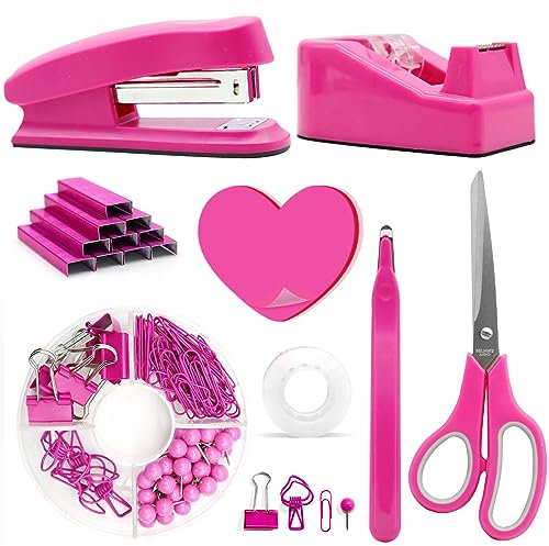 Hot Pink Bürobedarf, Schreibtischzubehör, Hefter und Klebebandspender-Set für Frauen mit Hefter, Klebebandspender, Heftklammern, Clips, Schere und Haftnotizen für Studenten, Büroangestellte