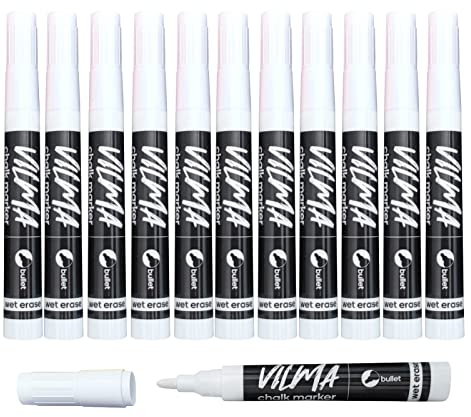 VILMA White Liquid Chalk Markers Wet Erase Marker Window Pens for Chalkboard Signs, Windows, Blackboards,Glass,12 Pack