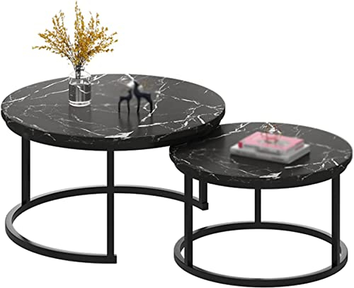 GArcan Satztische 2er-Set, runder Couchtisch, stapelbare Sofa-Beistelltische, MDF-Platte in Marmoroptik und Couchtisch mit Metallrahmen, platzsparender Teetisch für Wohnzimmer (T