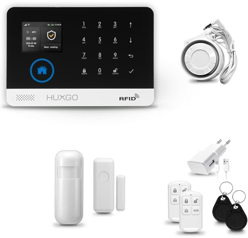 HUXGO® HXA003 Alarmanlage Haus WiFi + GSM 4G mit Sirene | Alarm System mit Bewegungssensor, Fensteralarm/Türalarm | Wohnmobil Alarmanlage Fernbedienung | Smart Home Security TUYA