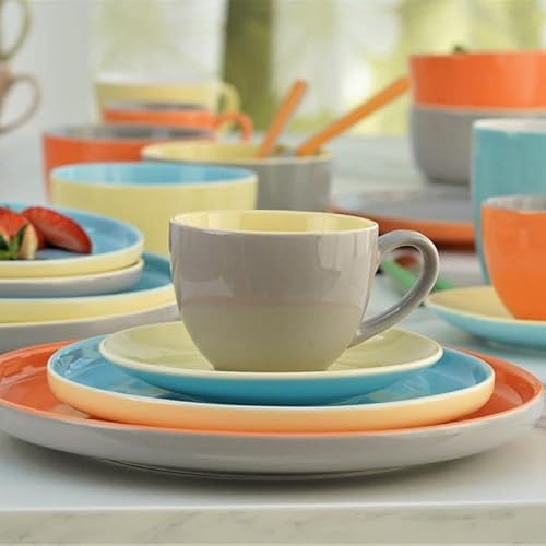 VILLA ITALIA Borneo Service à café en porcelaine jaune – Bleu – Gris – Orange (6 tasses avec soucoupes – 6 assiettes à dessert – Lot de 6 tasses à café) – Lot de 6 tasses à expresso – Service de