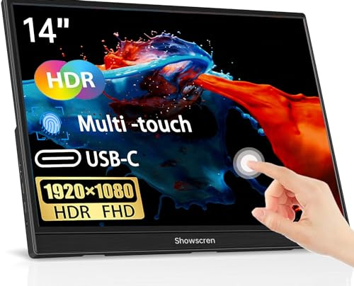 Showscren 14 Inch HDR IPS FHD 1920 x 1080 300 cd/m² 10 Point Touchscreen Monitor USB C + HDMI + USB Laptop Monitor for Laptop/PC/Mac/Xbox/PS4/5 Dual