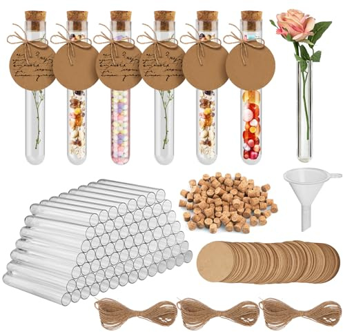OFFCUP Tubo de Ensayo, 100pcs Tubos de Ensayo Transparente, Tubos de Ensayo Plastico con Corcho, para Especias, Flores, Regalos, Bodas, Dulces, Sales de Baño, Cultivo Hidropónico de Plantas -16*100mm