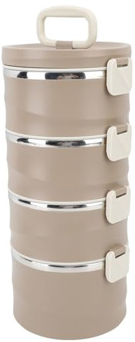 SIXRUN 3,3 L, 4 Etagen, Isolierte Lunchbox, 304 Edelstahl-Lebensmittelbehälter, Runde Stapelbare -Box mit 2 Integrierten Gabellöffeln, Stapelbare Lunchbox (BROWN)