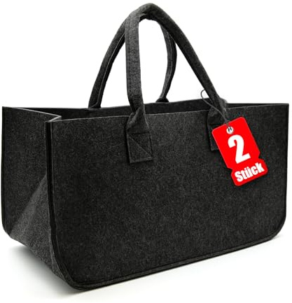 BigDean 2 Stück Filztasche groß in Anthrazit für Kaminholz Kaminholzkorb | oder als Einkaufstasche verwendbar – Tasche im leichten & kompakten Design – faltbarer Holzkorb