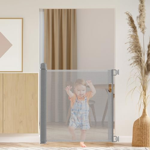 TWOLIIN Treppenschutzgitter Ausziehbar 0-150 cm Türschutzgitter Baby Absperrgitter Treppenschutzrollo Schutzgitter für Kinder Katzen und Hunde, Einhändig Bedienbar, Grau