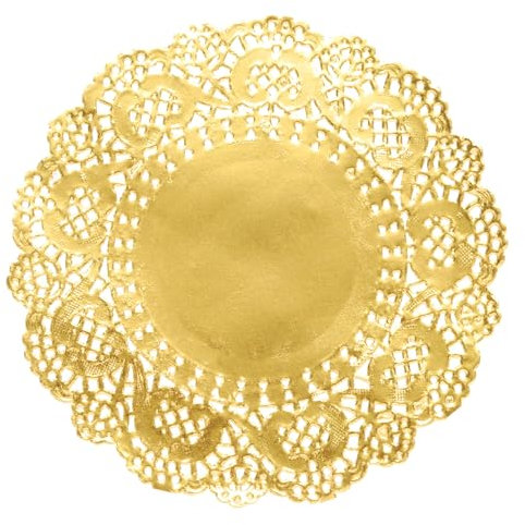 sourcing map 50 Pcs Gold Lace Paper Doilies 5 Inch Round Paper Doilies Tableware Disposable Foil Lace Paper Decorative Paper Placemats for Wedding, Birthday, Cakes, Desserts, Tableware Food