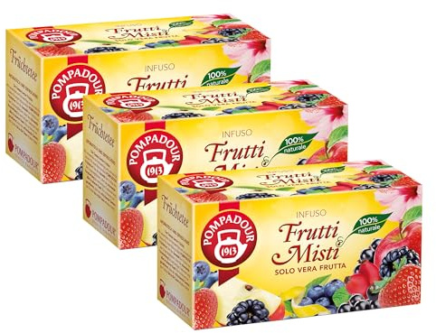 Pompadour, Infuso Frutti Misti, 60 Filtri (3 Confezioni da 20 Filtri), Solo Vera Frutta, 100% Naturale, Senza Lattosio, Glutine e Allergeni, Vegan