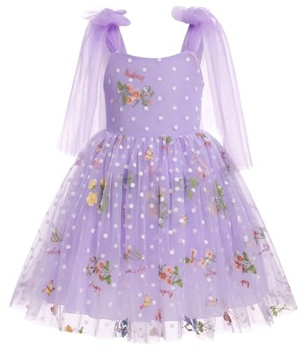 FYMNSI Vestito da bambina per bambini, con ricamo, tutù, in tulle, da principessa, per feste, matrimoni, balli, fiori lilla, 5-6 Anni