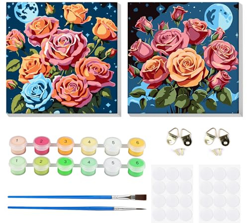 MOGTAA 2 Pack Flor Pintar por Numeros Adultos Principiantes con Marco, Kit DIY Cielo Estrellado Cuadros para Pintar por Numeros, Paint by Numbers Kits, Decoración para el Hogar 20x20cm