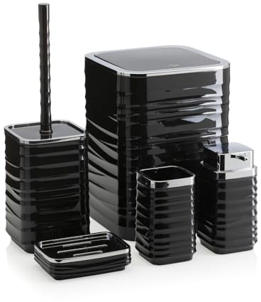 HowHomely Set Klobürste Schwarz Badezimmer Mülleimer Seifenspender Seifenschale schwarz Silber | Badmülleimer und Toilet Brush und Zahnputzbecher Seifenablage schwarz mit silbernen Akzenten