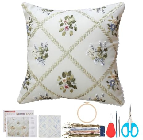 WEBEEDY Juego de fundas de almohada con bordado de cintas, funda de almohada decorativa floral, funda de almohada hecha a mano, fundas de almohada para adultos, principiantes, salón, sofá, cama,