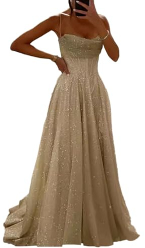 shownicer Abito da Sera Cerimonia Donna Senza Maniche Brillante Lungo Vestito Elegante Vita Alta Abito Maxi Tinta Unita Abito da Spiaggia Cocktail A Albicocca S